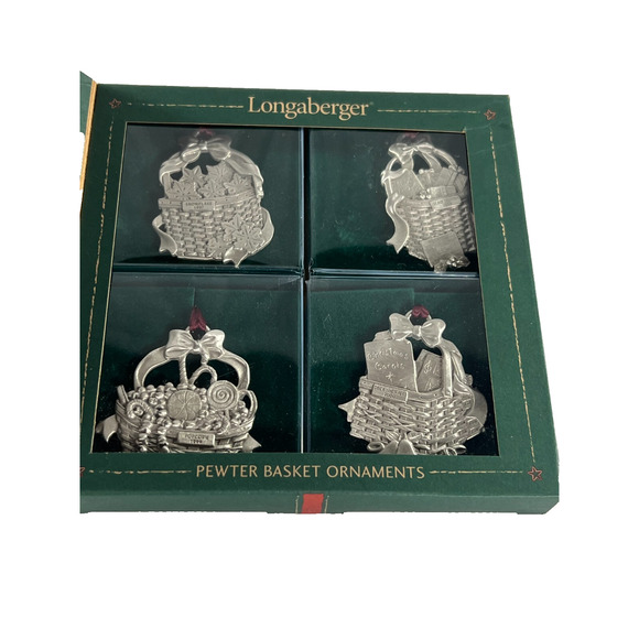 Vintage 2002 Longaberger 4 Pewter Basket Ornaments #77456 New - Picture 2 of 3